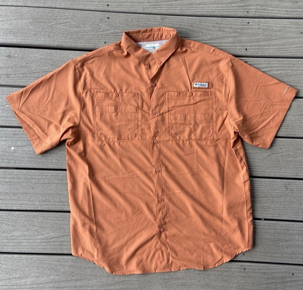 Columbia PFG Men’s XL Rust Orange Fishing Shirt Omni-Shade Vented Short Sleeve